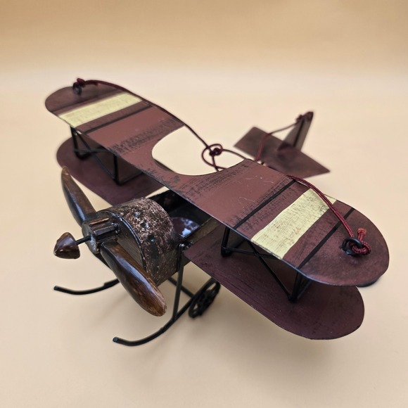 Vintage Metal Biplane Model Rustic Bronze Burgundy Decorative Aircraft 7 Inch - Picture 14 of 16